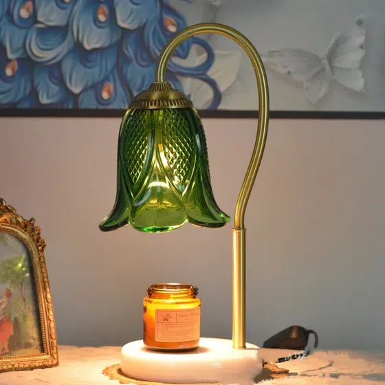 Jade Electric Candle Warmer Glass Table Lamp in Copper and Jade and Glass, product photograph