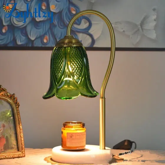 Jade Electric Candle Warmer Glass Table Lamp in Copper and Jade and Glass, detail view