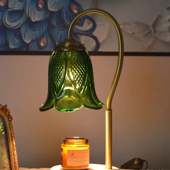 Jade Electric Candle Warmer Glass Table Lamp in Copper and Jade and Glass, installed view