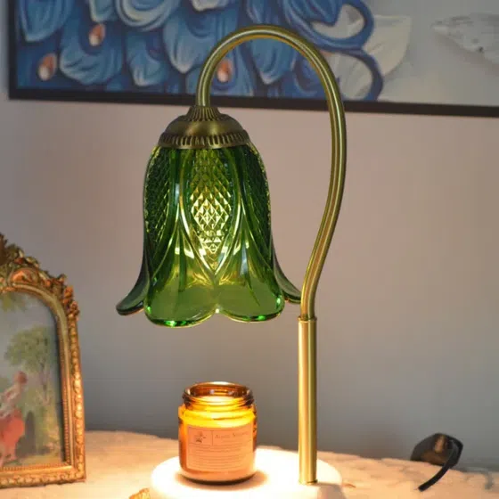 Jade Electric Candle Warmer Glass Table Lamp in Copper and Jade and Glass, scale view