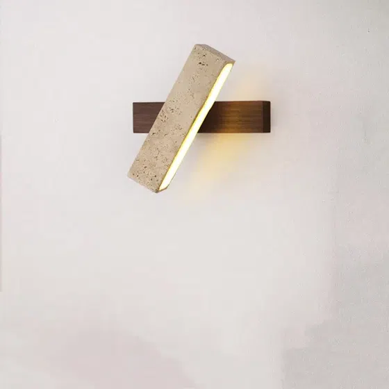 L20cm Cuboid Stone Reading LED Wall Light in Wood and Yellow Travertine, detail view