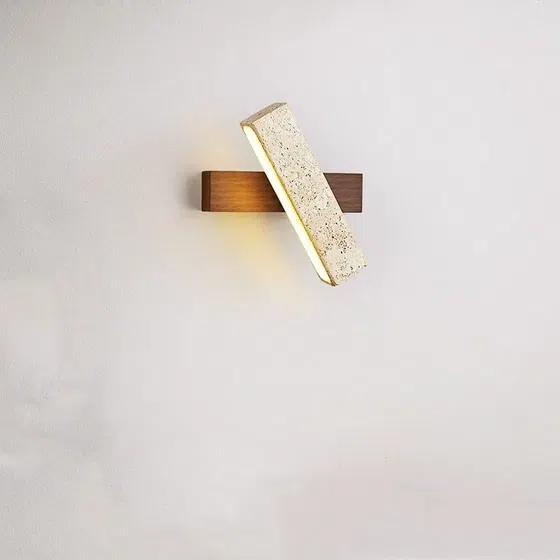 L20cm Cuboid Stone Reading LED Wall Light in Wood and Yellow Travertine, installed view