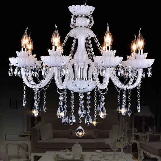 Large White Crystal Candle Chandelier in Iron and Crystal and Glass and Fabric, product photograph