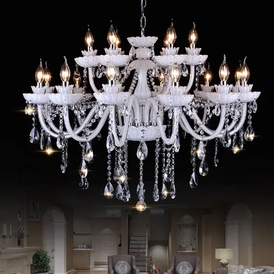 Large White Crystal Candle Chandelier in Iron and Crystal and Glass and Fabric, detail view