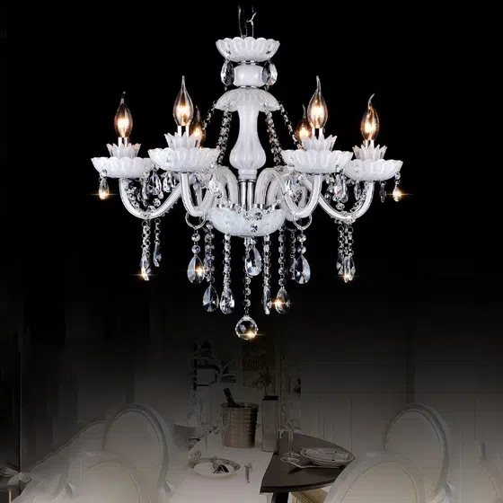 Large White Crystal Candle Chandelier in Iron and Crystal and Glass and Fabric, installed view