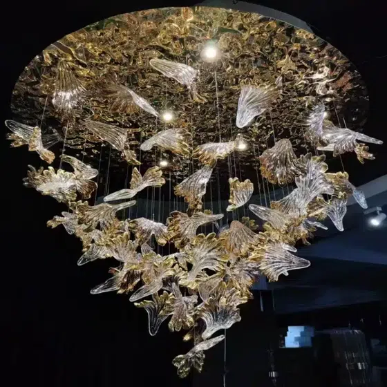 Maple Leaf Flying Bird Custom Glass Chandelier in Stainless Steel and Glass, product photograph