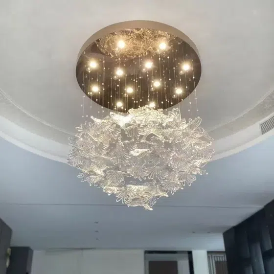 Maple Leaf Flying Bird Custom Glass Chandelier in Stainless Steel and Glass, detail view