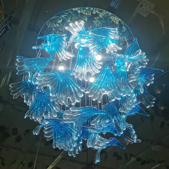Maple Leaf Flying Bird Custom Glass Chandelier in Stainless Steel and Glass, installed view