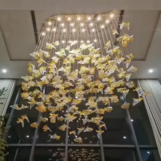 Maple Leaf Flying Bird Custom Glass Chandelier in Stainless Steel and Glass, scale view