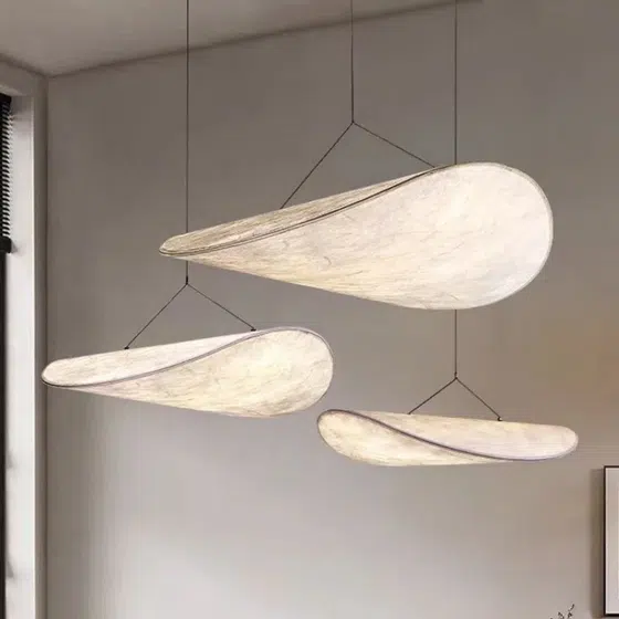 H13CM Leaf Silk Fabric Pendant Light in Iron and Silk, product photograph