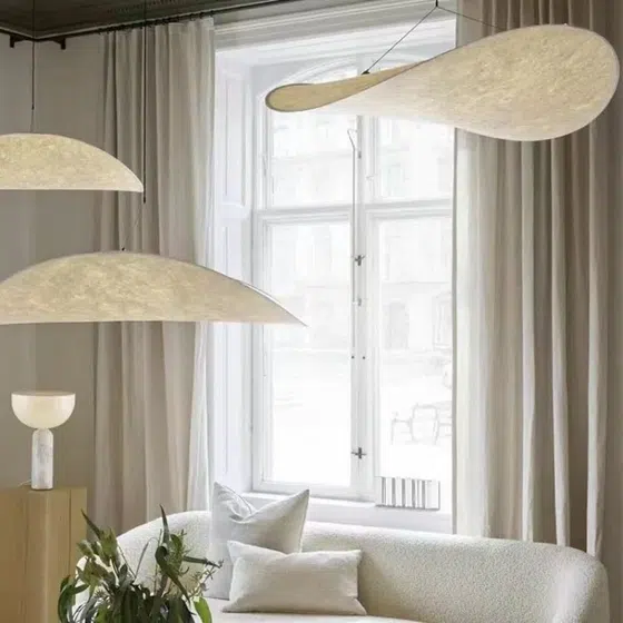 H13CM Leaf Silk Fabric Pendant Light in Iron and Silk, installed view