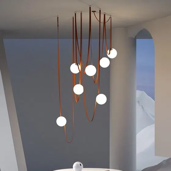 1-7 Heads Leather Glass Ball Metal Pendant Light in Leather and Glass and Metal, product photograph