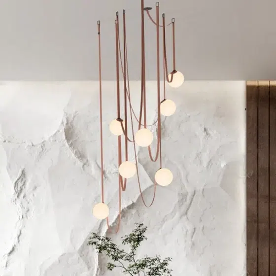 1-7 Heads Leather Glass Ball Metal Pendant Light in Leather and Glass and Metal, installed view