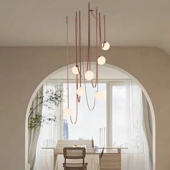 1-7 Heads Leather Glass Ball Metal Pendant Light in Leather and Glass and Metal, scale view