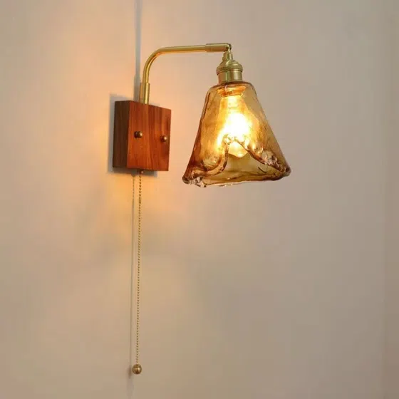 Modern Glass Reading Lamp LED Copper Wood Wall Light in Copper and Wood and Glass, product photograph