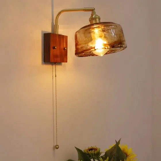 Modern Glass Reading Lamp LED Copper Wood Wall Light in Copper and Wood and Glass, detail view