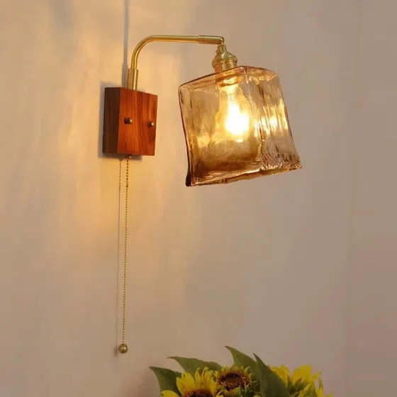 Modern Glass Reading Lamp LED Copper Wood Wall Light in Copper and Wood and Glass, installed view