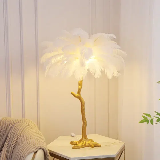 LED Resin Pink Purple Feather Floor Light in Resin and Feather, installed view