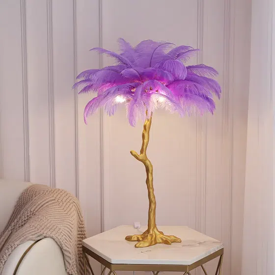 LED Resin Pink Purple Feather Floor Light in Resin and Feather, scale view