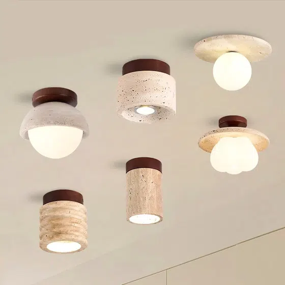 LED Yellow Stone Small Ceiling Light in Wood and Yellow Travertine, product photograph