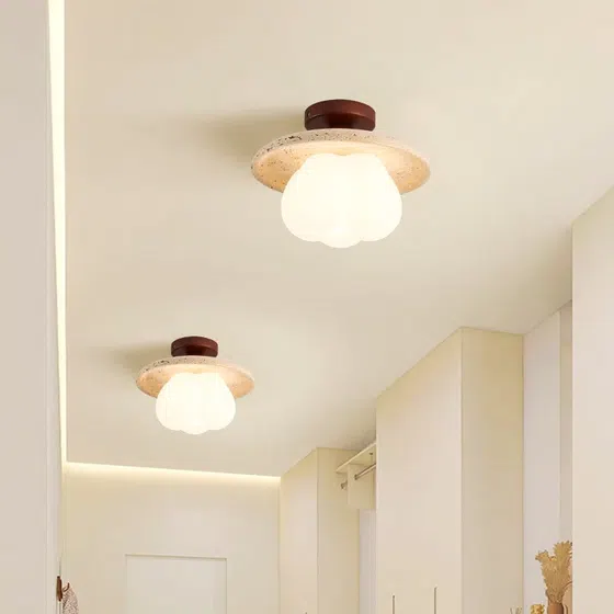 LED Yellow Stone Small Ceiling Light in Wood and Yellow Travertine, detail view