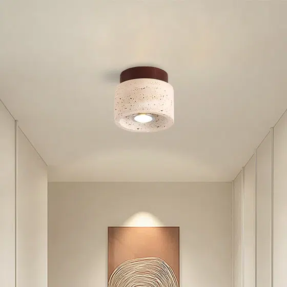 LED Yellow Stone Small Ceiling Light in Wood and Yellow Travertine, installed view