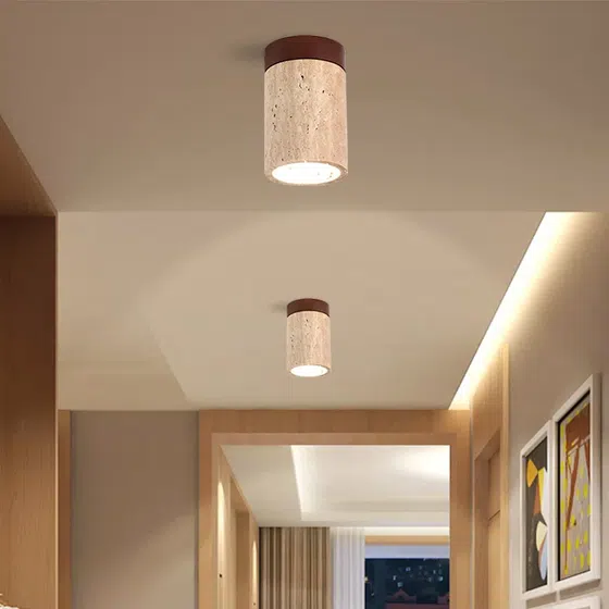 LED Yellow Stone Small Ceiling Light in Wood and Yellow Travertine, scale view