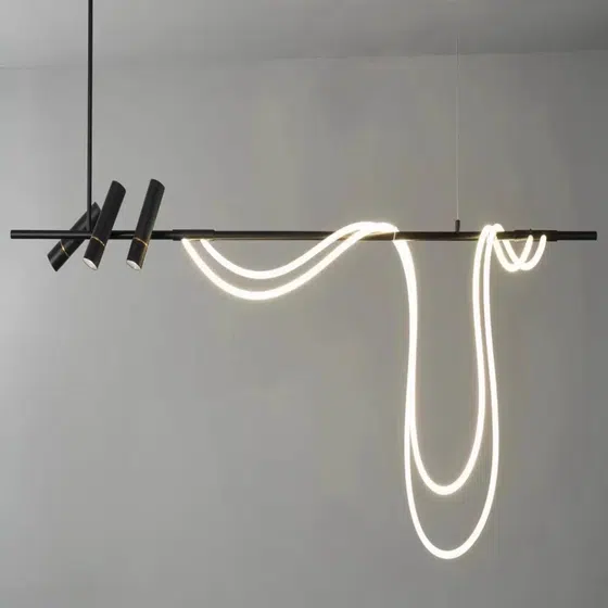 Long Strip Light Art Pendant Light in Silicone and Iron, installed view