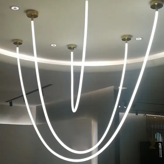 Long Strip Linear White Pendant Light in Silicone and Metal, scale view