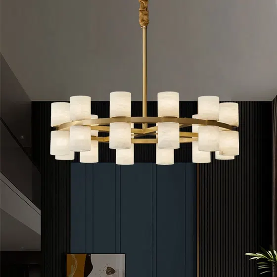 20-40 Heads Marble Copper Circle Pendant Lamp in Copper and Marble, product photograph