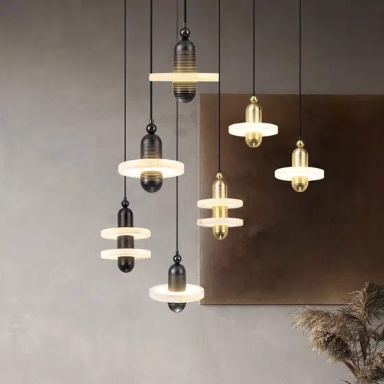 Marble Single Head LED Pendant Lamp in Metal and Marble, installed view