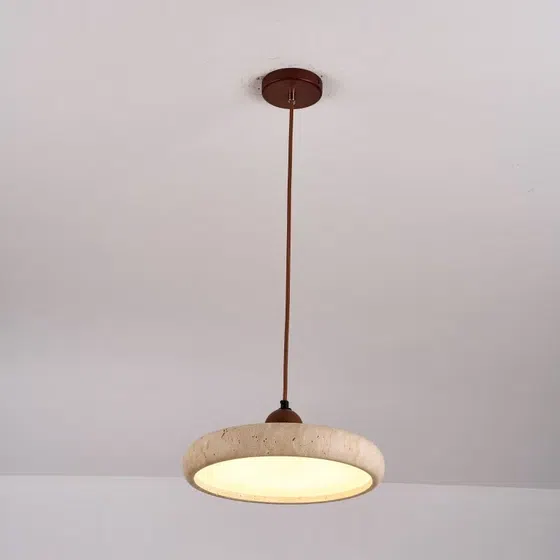 H13cm Natural Stone LED Pendant Light in Yellow Travertine and Wood and Metal, detail view