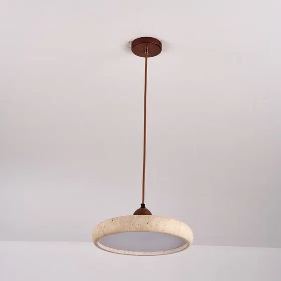 H13cm Natural Stone LED Pendant Light in Yellow Travertine and Wood and Metal, installed view