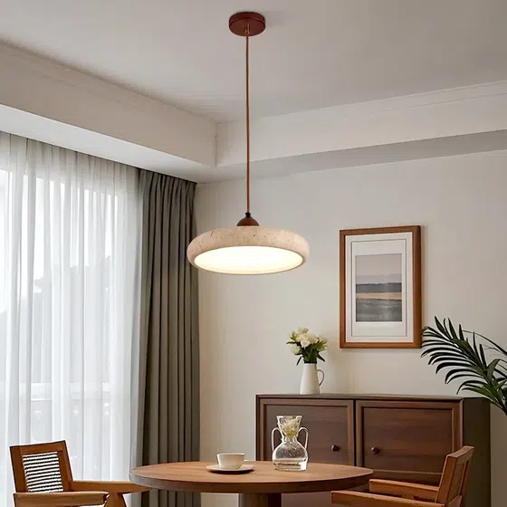 H13cm Natural Stone LED Pendant Light in Yellow Travertine and Wood and Metal, scale view