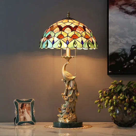 French Pastoral Art LED Colourful Table Lamp in Copper and Marble and Shell, product photograph