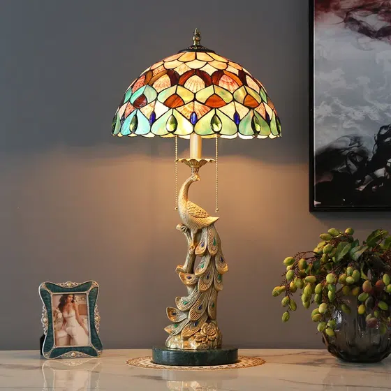 French Pastoral Art LED Colourful Table Lamp in Copper and Marble and Shell, installed view