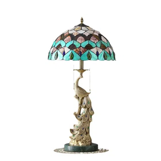 French Pastoral Art LED Colourful Table Lamp in Copper and Marble and Shell, scale view