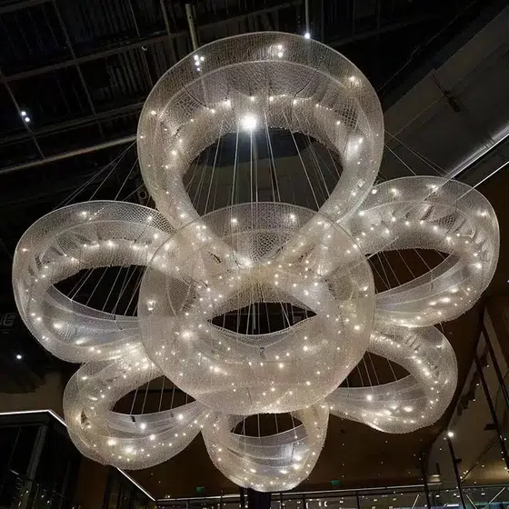 Petal Ribbon Custom Glass Chandelier in Stainless Steel and Glass, detail view