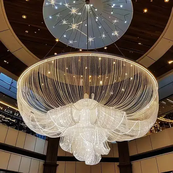 Petal Ribbon Custom Glass Chandelier in Stainless Steel and Glass, installed view