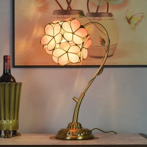 Pink Flower Cherry Blossom Glass Petal LED Table Light in Copper and Glass, product photograph
