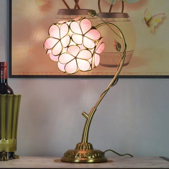 Pink Flower Cherry Blossom Glass Petal LED Table Light in Copper and Glass, detail view
