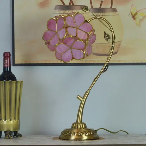 Pink Flower Cherry Blossom Glass Petal LED Table Light in Copper and Glass, installed view