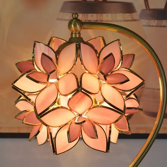 Pink Flower Cherry Blossom Glass Petal LED Table Light in Copper and Glass, scale view