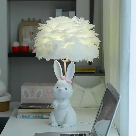 White Pink Rabbit Feather Ceramic Table Light in Ceramic and Feather, detail view