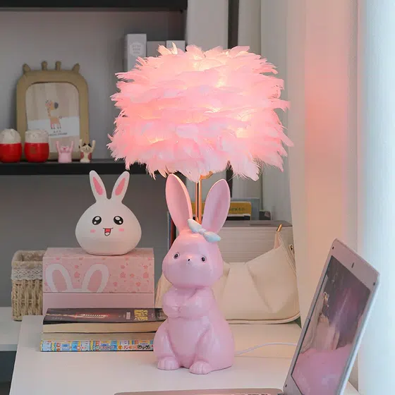 White Pink Rabbit Feather Ceramic Table Light in Ceramic and Feather, scale view
