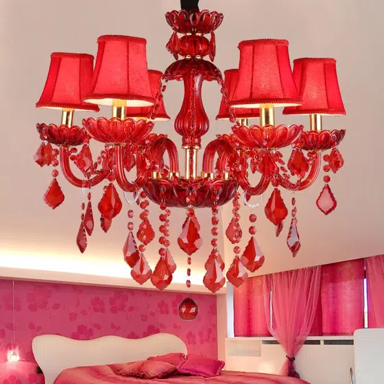 Red Candle Crystal Chandelier in Iron and Crystal and Glass and Fabric, detail view
