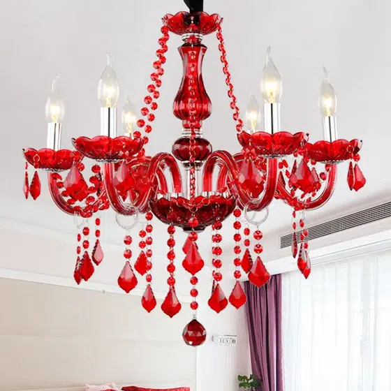 Red Crystal Candle Chandelier in Iron and Crystal and Glass and Fabric, detail view