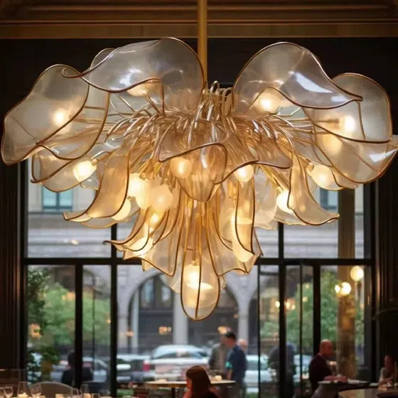 Gold Transparent Red Pink Custom Flower Glass Chandelier in Stainless Steel and Glass, product photograph