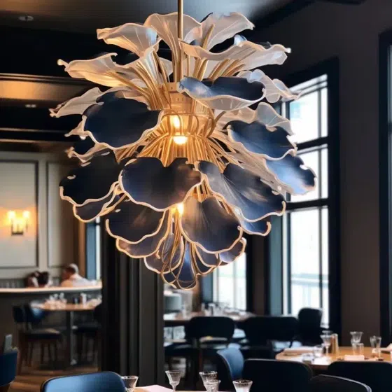 Gold Transparent Red Pink Custom Flower Glass Chandelier in Stainless Steel and Glass, detail view