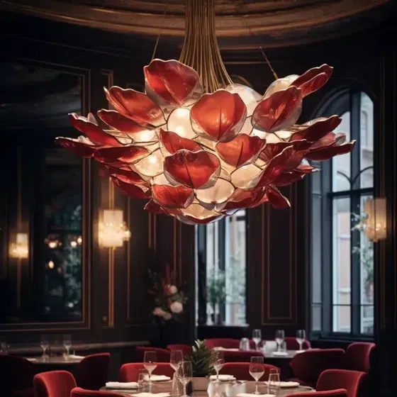 Gold Transparent Red Pink Custom Flower Glass Chandelier in Stainless Steel and Glass, installed view